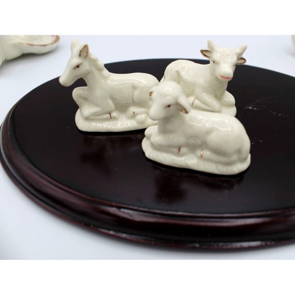 Nativity Set Holiday Style Wooden Base White Porcelain with Gold Color Accents - Picture 10 of 16